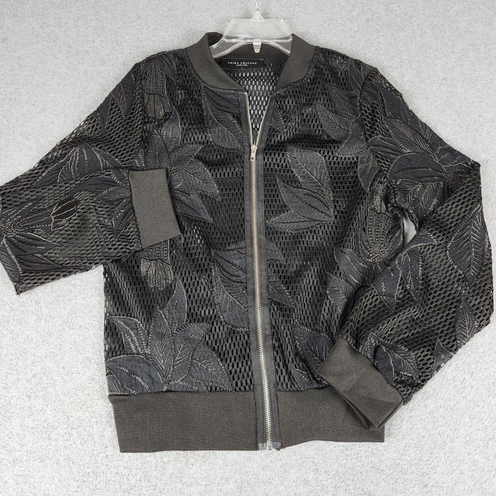 Akira Chicago Black Label Bomber Jacket Womens Large Black Leaf Mesh Full Zip